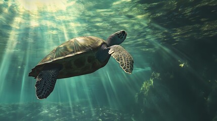 Obraz premium A detailed close-up of a sea turtle gracefully gliding through clear water, with sunlight filtering down in a serene atmosphere