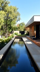 Fototapeta premium A modern rectangular pool set in a minimalistic garden design, emphasizing tranquility and simplicity