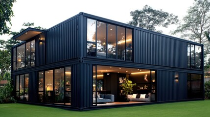 Obraz premium This striking blue shipping container home features modern design elements amidst lush greenery in Thailand, showcasing large windows and a cozy interior illuminated at dusk