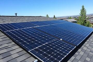 Close - up of solar panels on a suburban rooftop with a sunny sky in the background