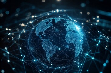 Globe Surrounded by Digital Connections Representing Global Technology Interconnections, with Dark Background and Blue/Silver Accents for Cybersecurity. Includes Blurred Tech Network Grid and Vector G
