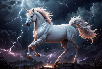 Naklejka premium A frisky unicorn horse against the sky with lightning, unicorn, fantasy, magical, kids illustration, rainbow, cute, fairytale, mythical creature, children’s art, colorful