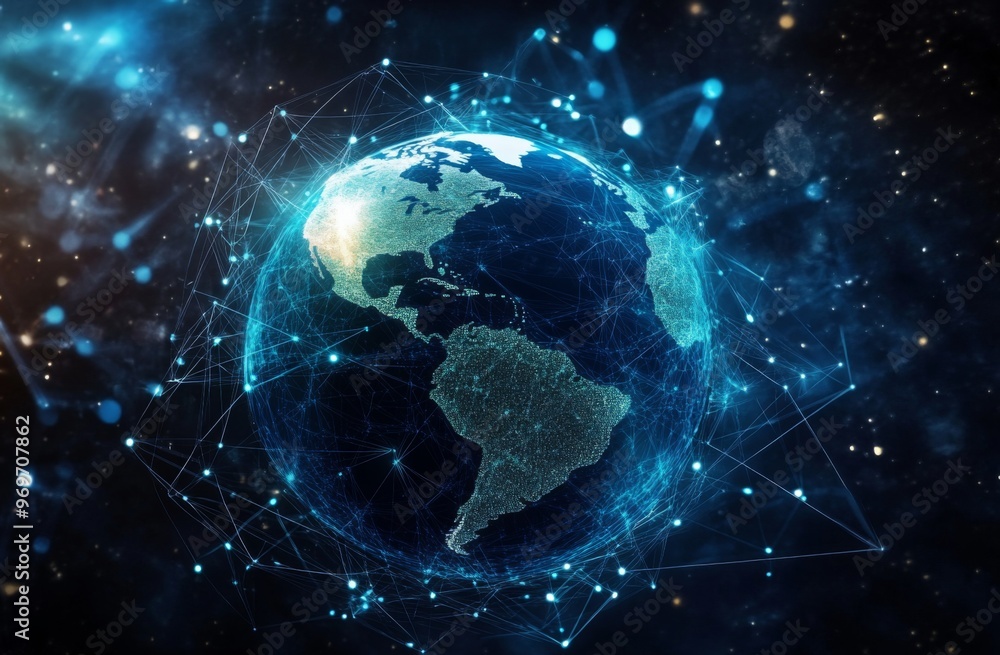 Poster globe surrounded by digital connections representing global technology interconnections, with dark b