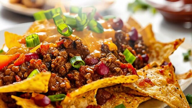 A close up of delicious loaded nachos topped with cheese, meat, and fresh green onions, showcasing vibrant colors and textures