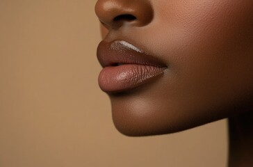 Close-up of lips of a black American woman without makeup, on a plain background with copy space.