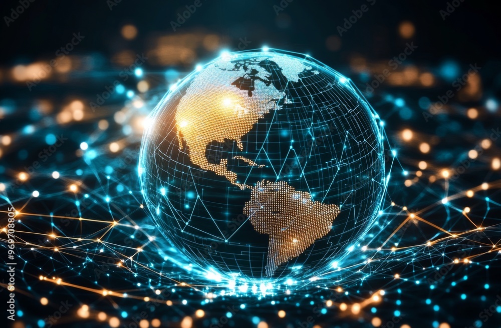 Poster globe surrounded by digital connections representing global technology interconnections, with dark b