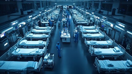 Obraz premium Overhead View of Pristine Hospital Ward with Rows of Beds,Advanced Monitoring Equipment,and Clinical Atmosphere