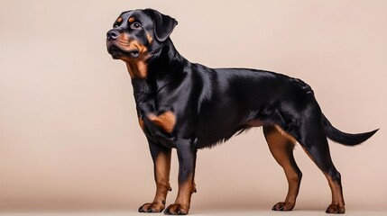 Obraz premium A majestic Rottweiler standing proudly on a light solid color background, showcasing its muscular build and confident demeanor