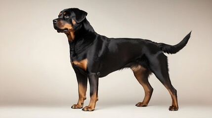 A majestic Rottweiler standing proudly on a light solid color background, showcasing its muscular build and confident demeanor