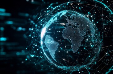 Obraz premium Globe Surrounded by Digital Connections Representing Global Technology Interconnections, with Dark Background and Blue/Silver Accents for Cybersecurity. Includes Blurred Tech Network Grid and Vector G