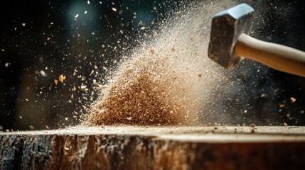 A hammer strikes a wooden log, sending finely shredded sawdust flying into the air in a lively woodworking environment. The moment captures the craftsmanship and precision involved