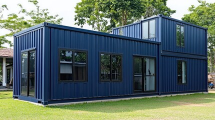 Fototapeta premium This striking blue shipping container home features modern design elements amidst lush greenery in Thailand, showcasing large windows and a cozy interior illuminated at dusk