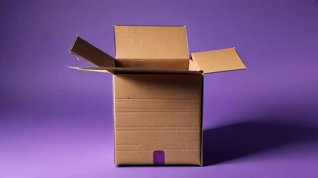 An open cardboard box on a vibrant purple background, highlighting minimalism and texture with dramatic lighting