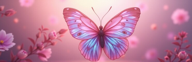 Fototapeta premium Pink blue butterfly on floral spring background. October breast cancer awareness month, world cancer day. Supporting people living with illness or chronic pain. Design for banner with copy space. 