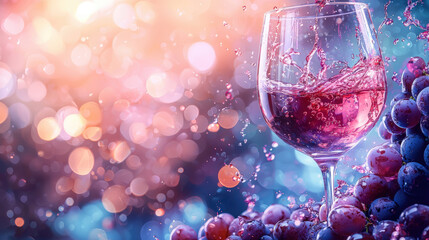 A wine glass filled with grape juice blends beautifully into wine, surrounded by fresh grapes. vibrant colors and sparkling droplets create joyful and refreshing atmosphere