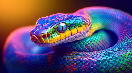 Fototapeta premium Serpentine Elegance: Vibrant Blue, Green, and Yellow Snake Coiled Around Neon Python Logo on Gradient Background with Copy Space