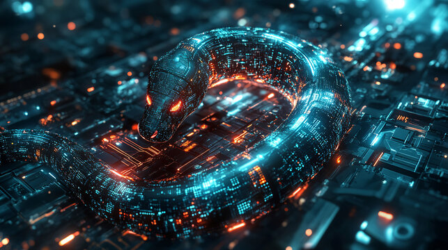 Python Automation in Futuristic Digital World - Glowing Snake Entwined in Gears and Circuits with Copy Space