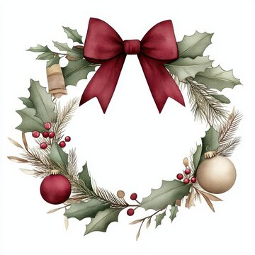 A single-A whimsical Christmas decagonal wreath made of pine branches, colorful ornaments, and a festive red bow-watercolor, Illustration, clipart, isolate on pure white background
