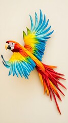 Fototapeta premium A vibrant parrot in mid-flight, showcasing its colorful feathers against a light beige backdrop, emphasizing its beauty