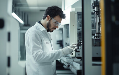 Fototapeta premium Engineer performing precision calibration checks on high-tech manufacturing equipment, focusing on detailed machinery and industrial technology in a professional factory environment 