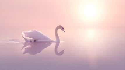 Obraz premium A serene scene featuring a graceful swan gliding across a calm lake, with soft reflections and a minimalistic light solid color backdrop