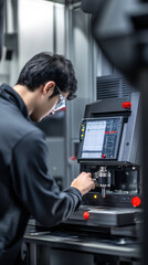 Engineer performing precision calibration checks on high-tech manufacturing equipment, focusing on detailed machinery and industrial technology in a professional factory environment
