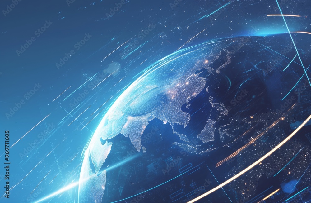 Poster globe surrounded by digital connections highlighting global connectivity and data flow, symbolizing 