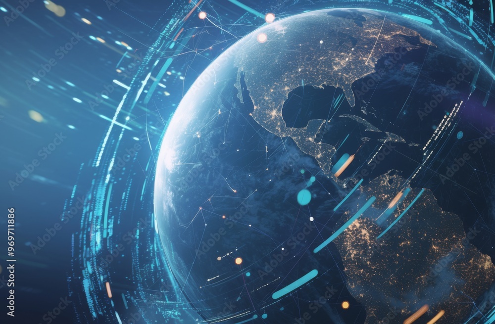 Poster globe surrounded by digital connections highlighting global connectivity and data flow, symbolizing 