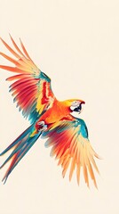Fototapeta premium An exotic parrot in mid-flight, its wings spread wide, captured in a moment of grace against a light solid color background
