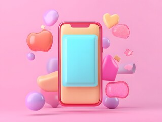 Vibrant smartphone surrounded by colorful shapes on a soft pink background, perfect for tech and design themes.