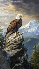An eagle perched on a rocky ledge with a panoramic view of mountains in the background, exuding strength and vigilance