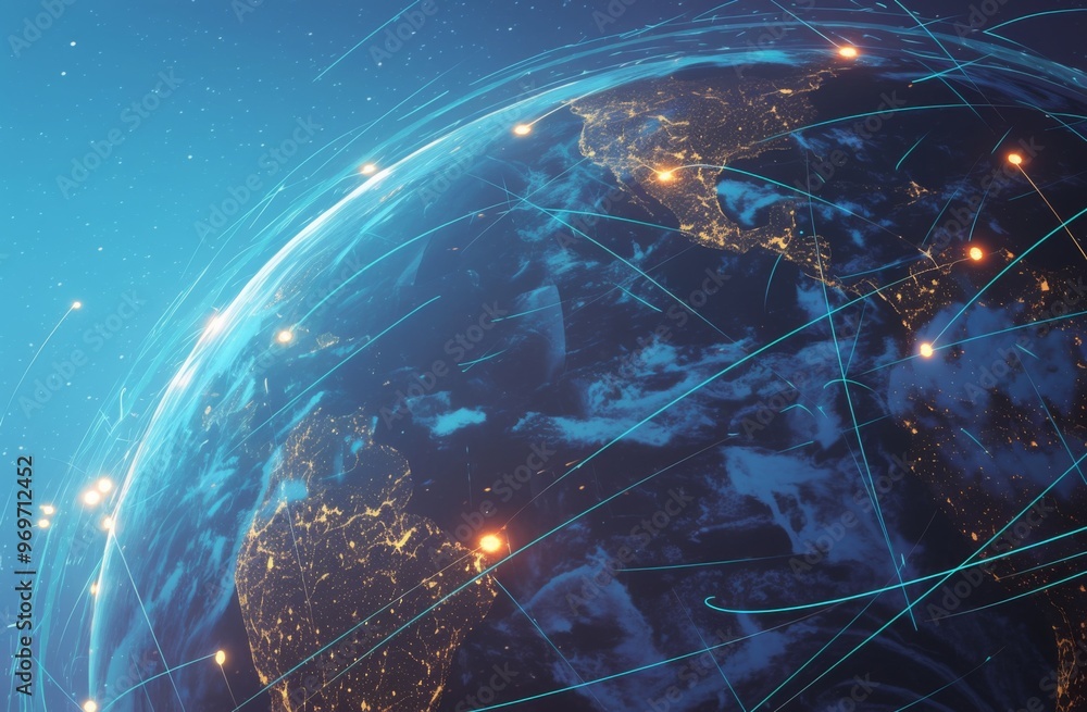 Poster digital globe with connections representing global connectivity and technology reach. dark blue back