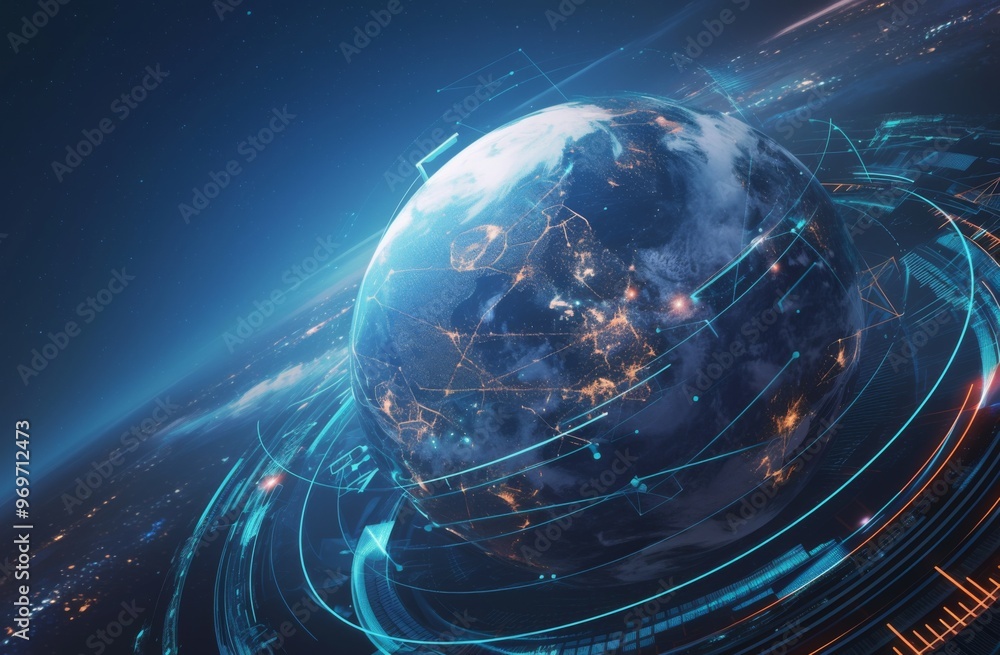 Poster digital globe with connections representing global connectivity and technology reach. dark blue back