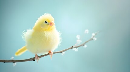 Obraz premium A small, fluffy yellow canary perched on a delicate branch, with soft light illuminating its feathers against a pale blue background