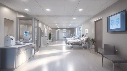 Bright and Sterile Hospital Ward with Robotic Surgical Assistants and Resting Patients