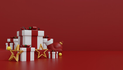 Christmas Gift Boxes and Golden Stars on Red Podium Background, Minimalist Holiday Scene. 3D Illustration