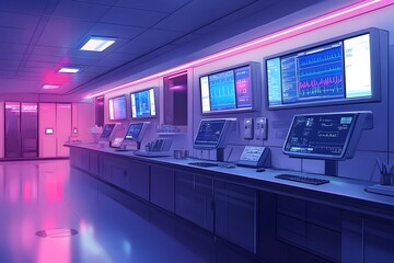 High-Tech Hospital Nursing Station with Digital Patient Vitals Monitoring and Streamlined Information Systems