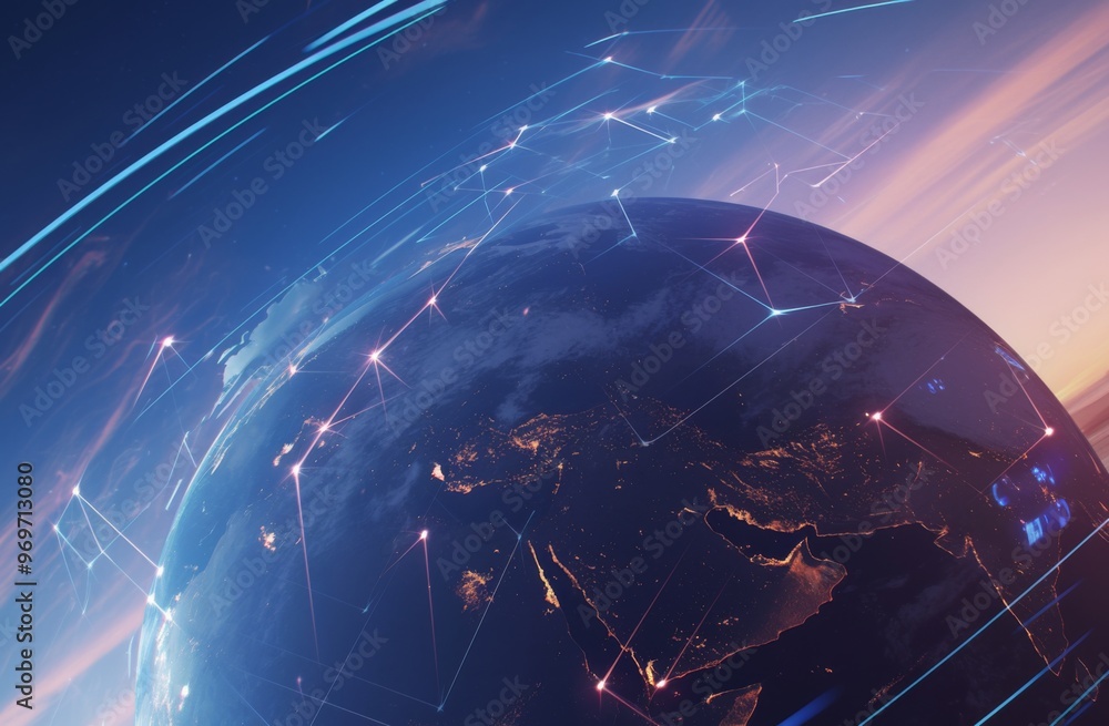 Poster digital globe with connections representing global connectivity and technology reach. dark blue back