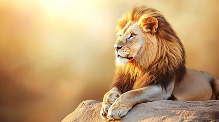 Fototapeta premium A majestic lion resting on a rock, its golden mane illuminated by the warm sunlight, against a light solid color background