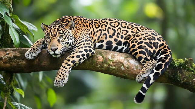 A majestic jaguar lounging on a tree branch, surrounded by lush greenery, with a light solid color background