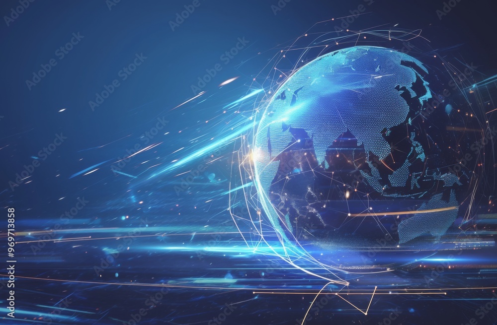 Poster digital globe with connections representing global connectivity and technology reach. dark blue back