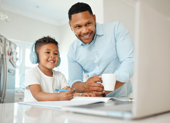 Dad, boy and laptop for online learning, teaching and education in house with book or headphones. Father, child and technology for school, study and writing with elearning, video call and development