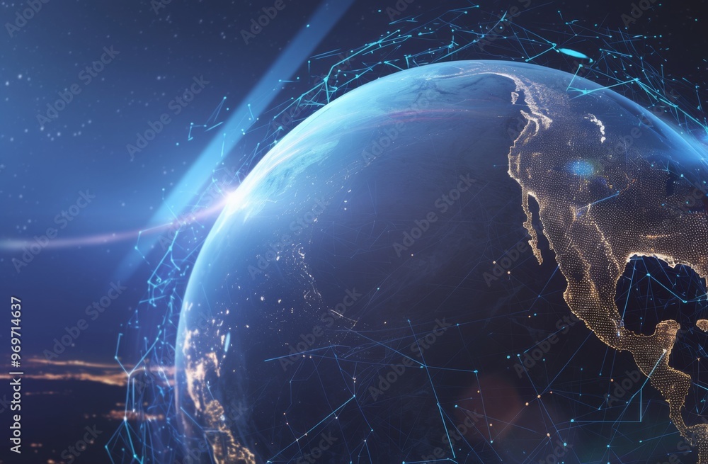Poster digital globe with connections representing global connectivity and technology reach. dark blue back