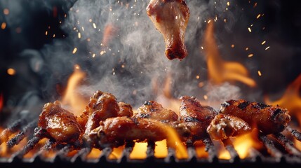 Tender chicken wings are perfectly grilled over an open flame, surrounded by dancing sparks and smoke, making for a mouthwatering summer treat