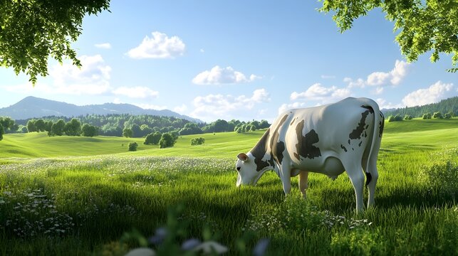 A realistic depiction of a cow grazing peacefully in a lush green field under a clear blue sky