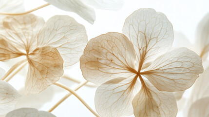 A close-up image shows the dried, delicate skeletons of hydrangea flower petals against a white background.