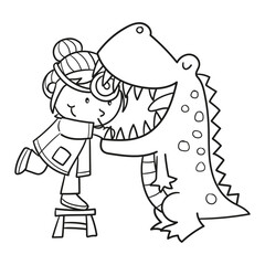 Black and white illustration of a female dentist examining a dinosaur's mouth clipart, Coloring page