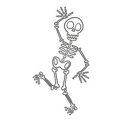 Black and white illustration of a dancing skeleton, clipart, coloring page