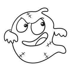 Black and white illustration of a chubby ghost flying with a mischievous smile, clipart, coloring page