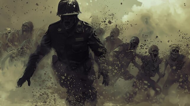 Lone Soldier in Black Uniform Facing Apocalyptic Battlefield